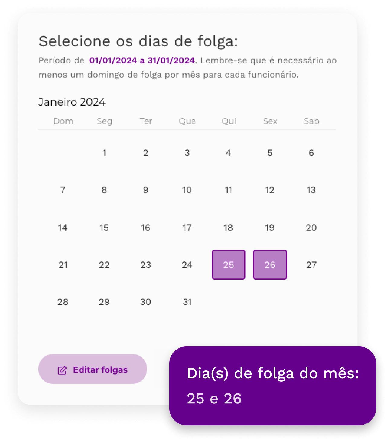 Calendário de dias de folga