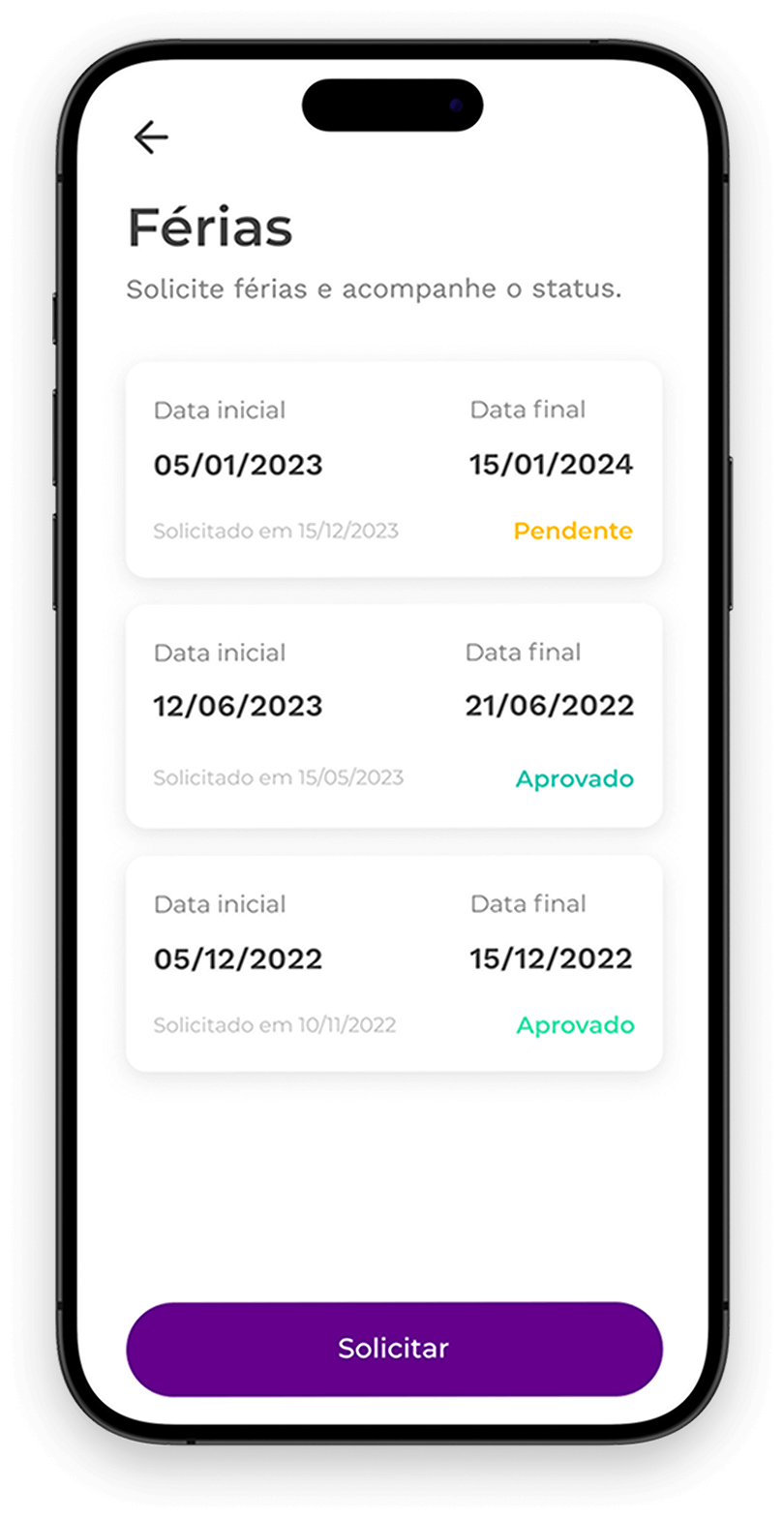 Férias no aplicativo do funcionário